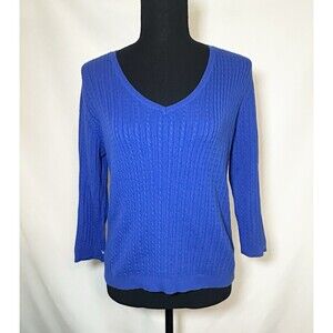 Lauren Ralph Lauren Blue Cable Knit Preppy V-Neck Sweater Women's SMALL‎